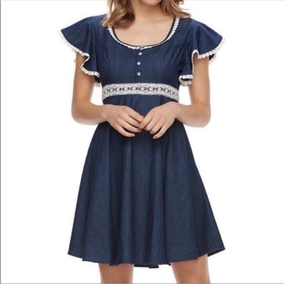 Disney Beauty And The Beast Chambray Denim Crochet Lace Detail Belle Dress‎ - Picture 1 of 11